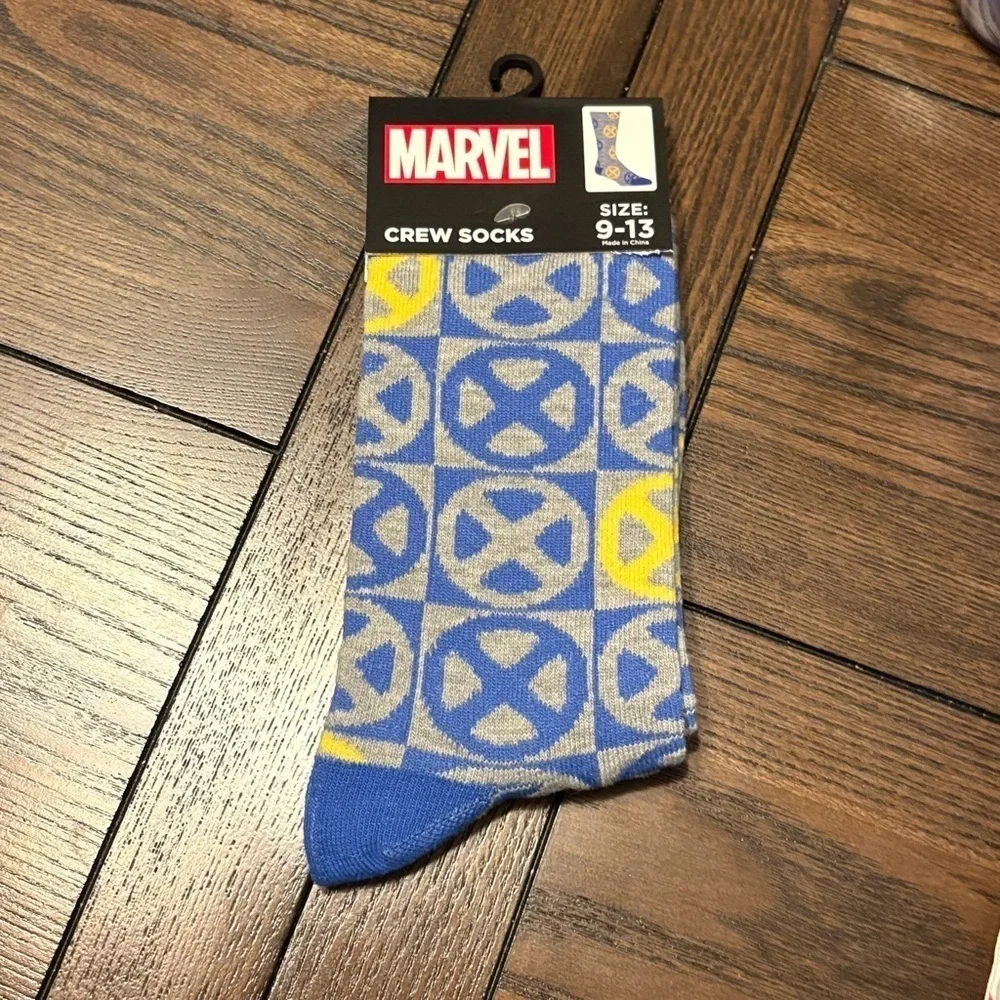 3/$20 Marvel X-Men Crew Socks a Blue Yellow Gray pattern with X-Men 